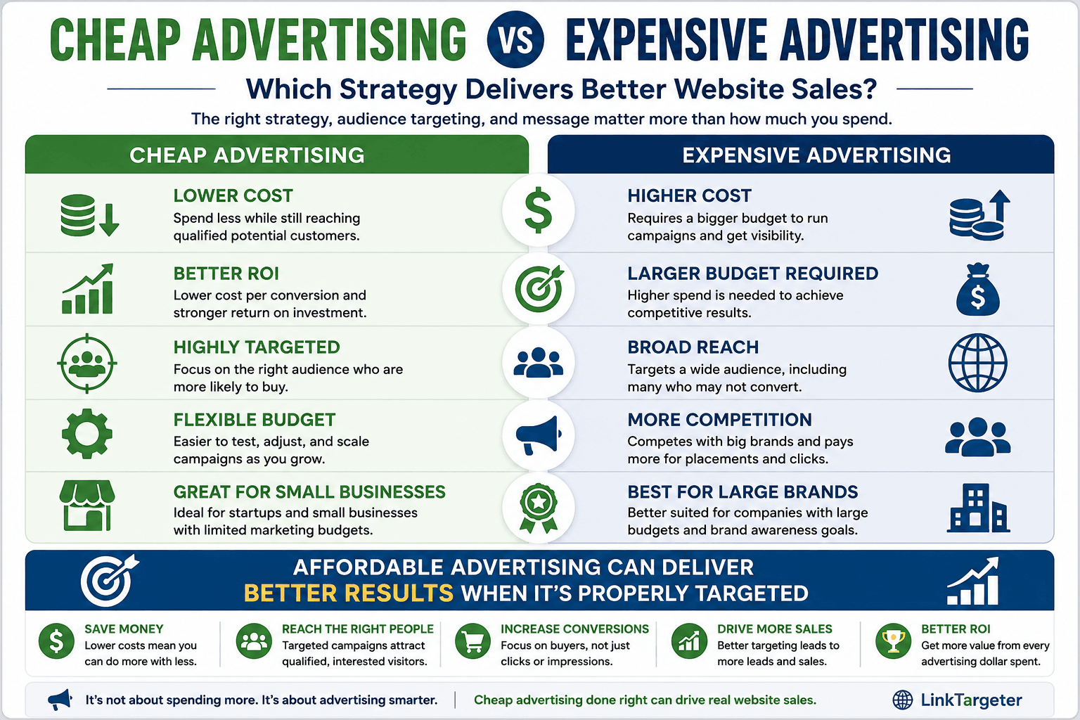 Cheap advertising vs expensive advertising infographic showing how affordable marketing drives more website sales