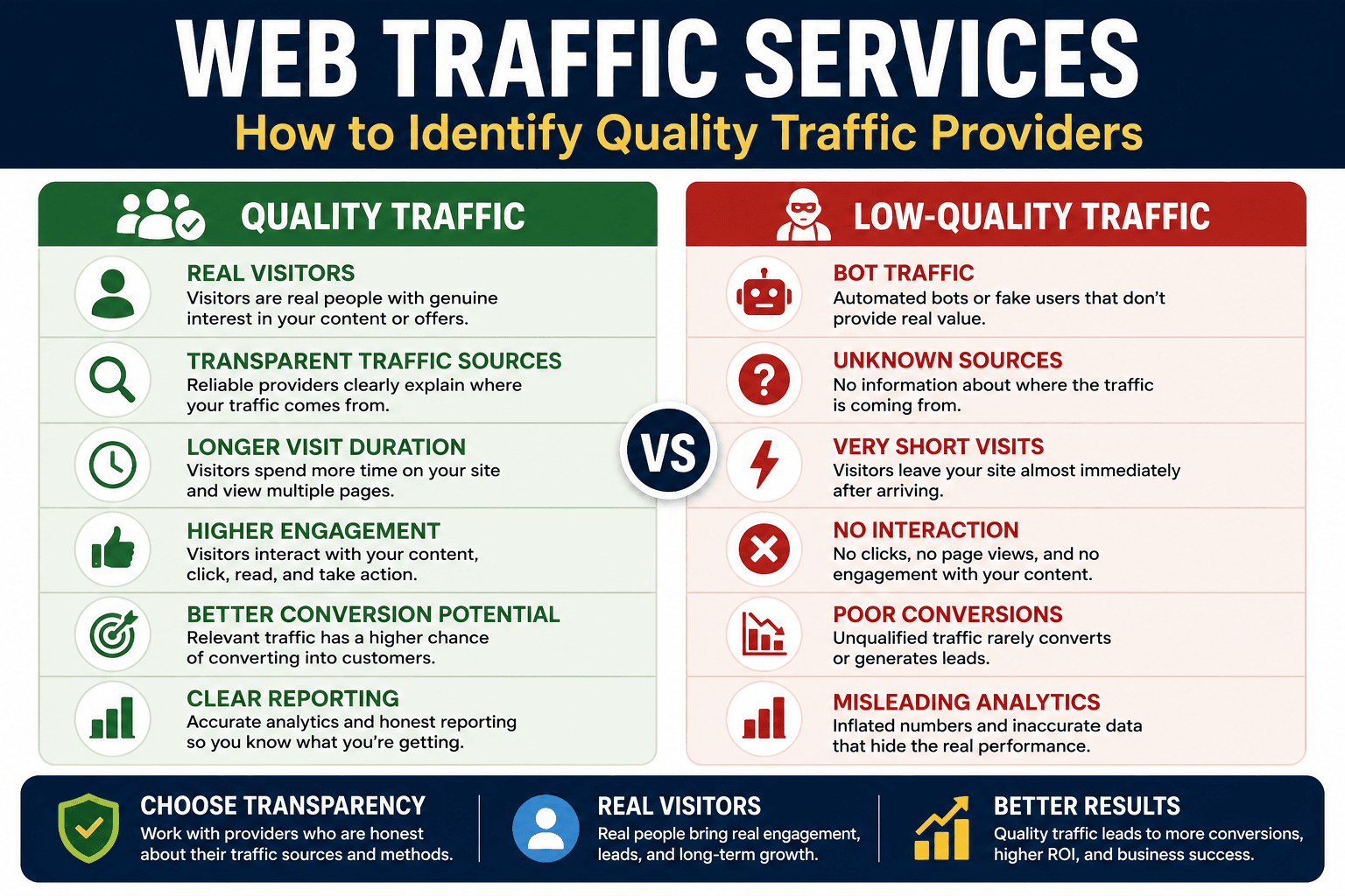 Web Traffic Services: 7 Smart Tips to Avoid Bad Traffic 1 Web traffic services infographic comparing quality traffic and low-quality traffic providers