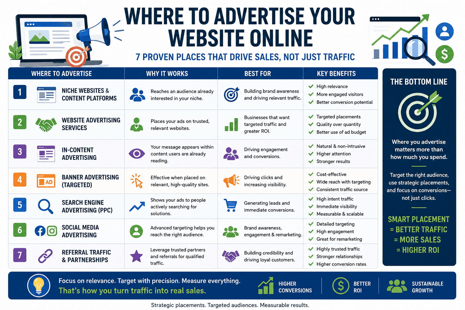 A Practical Guide to Driving Sales, Not Just Traffic: Where to Advertise Your Website Online 1 Where to advertise your website online comparison showing 7 proven places to drive traffic and increase sales