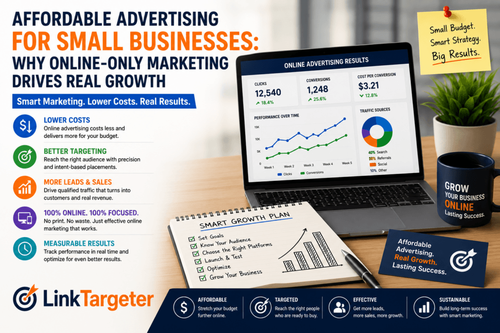 Affordable advertising for small businesses showing online marketing strategies that increase targeted traffic, leads, sales, and business growth