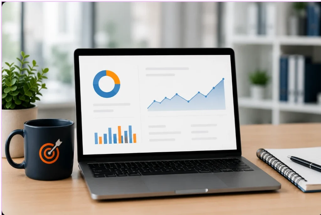 LinkTargeter analytics dashboard displayed on a laptop