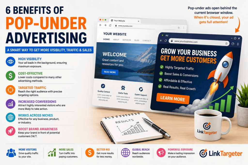 6 Benefits of Pop-Under Advertising infographic